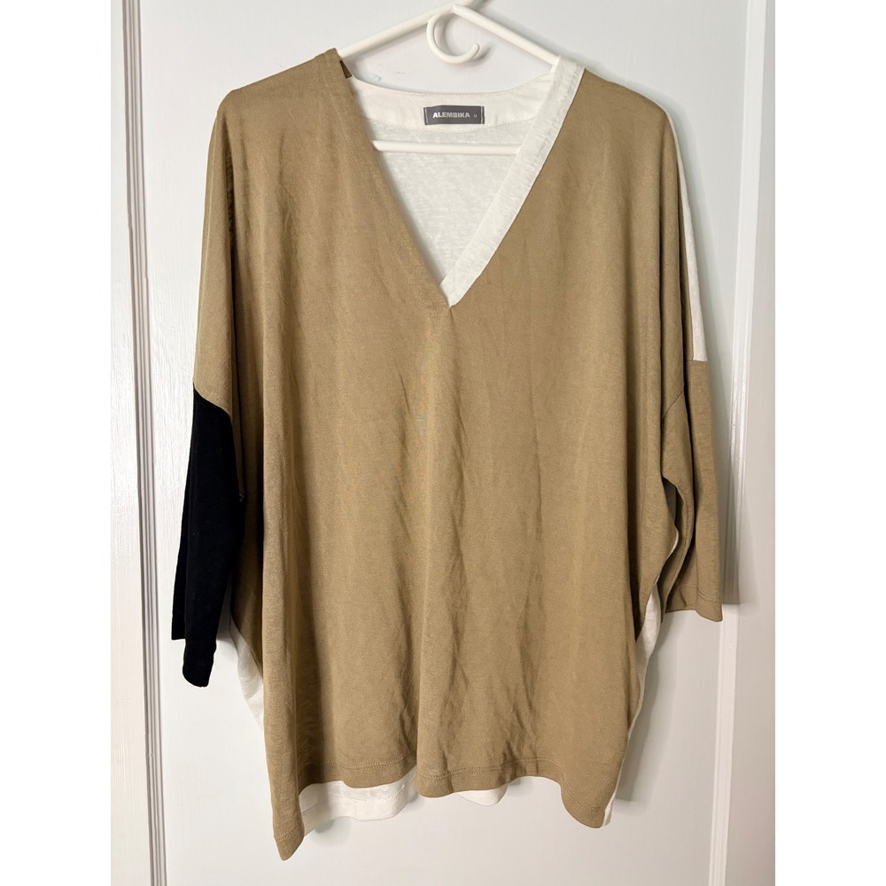Alembika Womens Colorblock V-Neck Tunic Top Tan Cream Black Lagenlook Size M